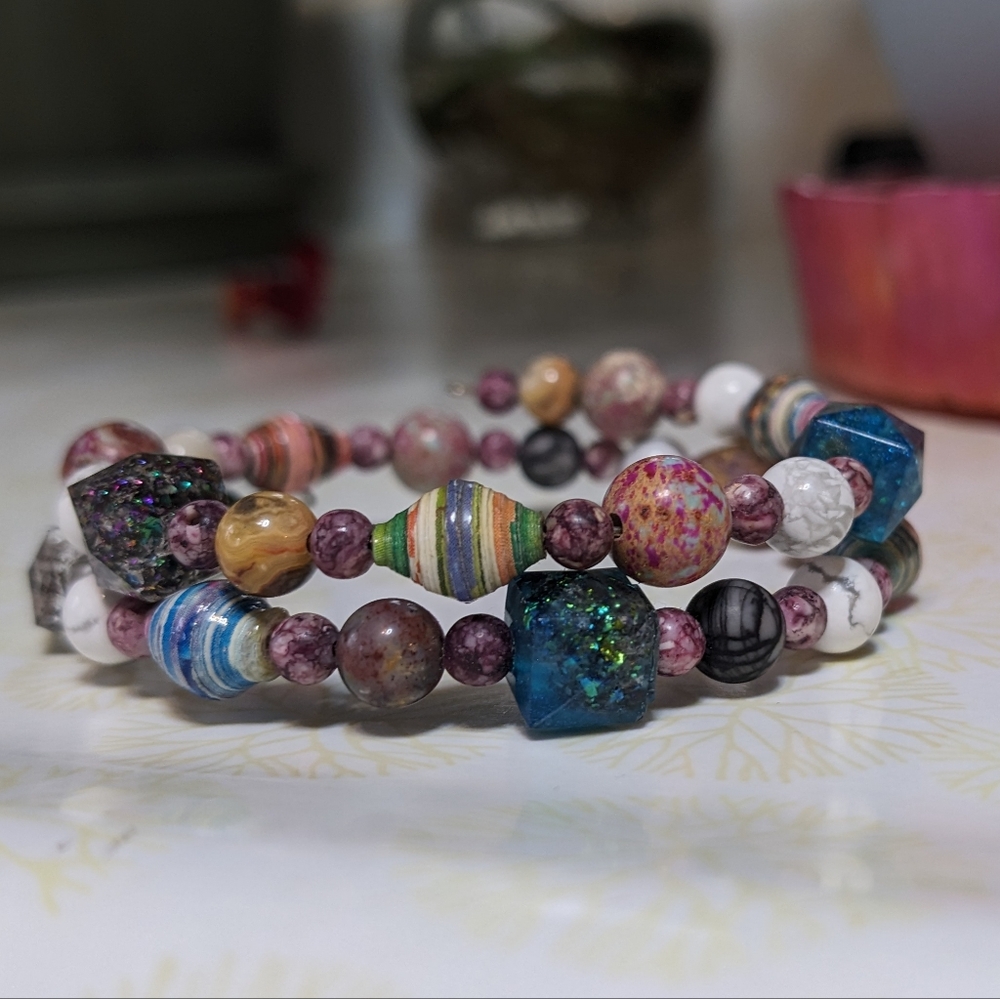 Jasper Energy Bracelet Handmade Colorful Cute Rainbow Upcycled Paper Beads - Picture 4 of 13